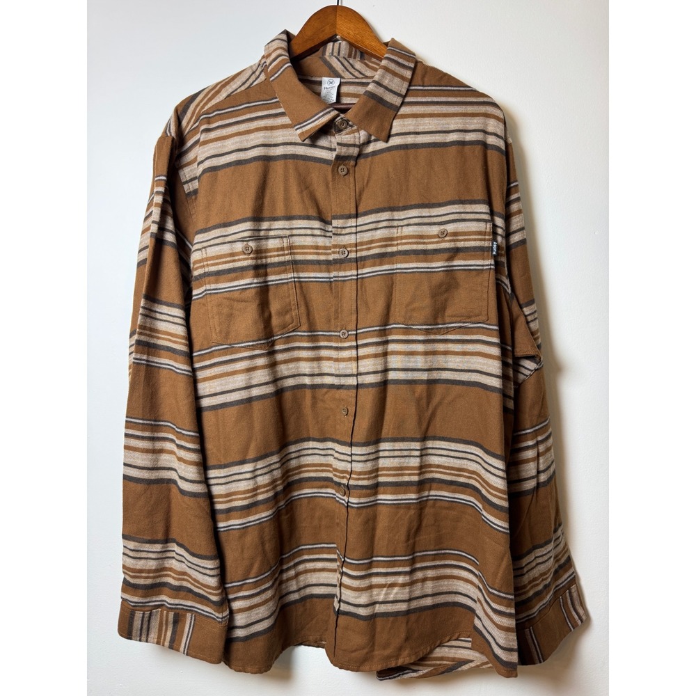 Hurley Mens XXL Brown Striped Flannel Button Down Long‎ Sleeve Shirt Surf Casual